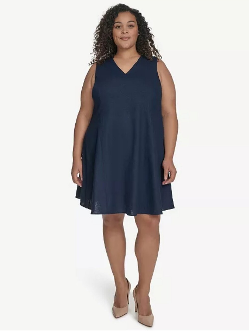 DKNY NWT Navy Blue Linen Blend Sleeveless V Neck Shift Dress 16W Cocktail $134